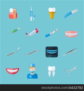 Dentist Isolated Flat Icons . Dentist isolated flat icons set of dental tweezers syringe forceps dentures toothbrush tube of toothpaste vector illustration