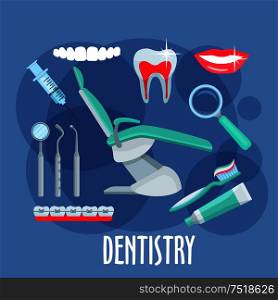 Dentist office equipments symbol for dentistry and healthcare design with healthy, clean teeth and smile, dental mirror, pick and probe, toothbrush, toothpaste and syringe, magnifier, braces and dentist chair in the center. Flat style. Dental care flat icon for dentistry design