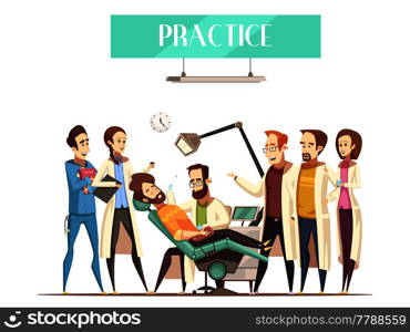 Dentist practice flat vector illustration in cartoon style with students watching as doctor treating patient . Dentist Practice Vector Illustration
