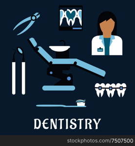 Dentist profession flat icons and symbols with doctor, equipment, tooth, braces, toothpaste and tooth brush. Dentist profession flat icons and symbols