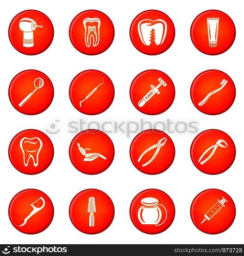 Dentist stomatologist icons set vector red circle isolated on white background . Dentist stomatologist icons set red vector