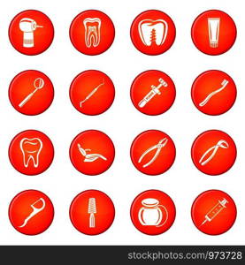 Dentist stomatologist icons set vector red circle isolated on white background . Dentist stomatologist icons set red vector