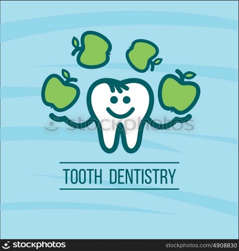 Dentist tooth and green apples. Juggler. Vector logo of the dental clinic.