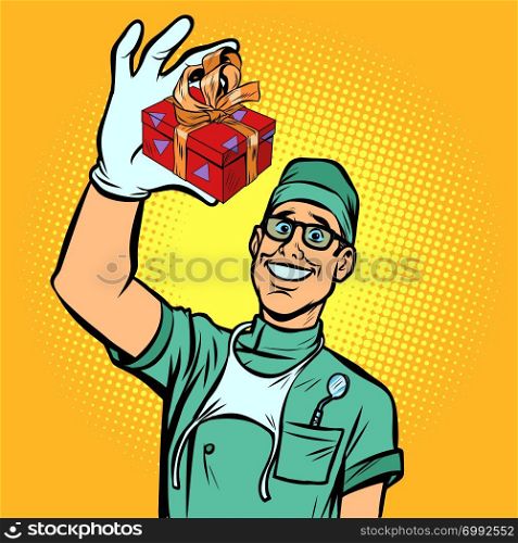 Dentist with a gift. New tooth implant. Comic cartoon pop art retro vector illustration drawing. Dentist with a gift. New tooth implant