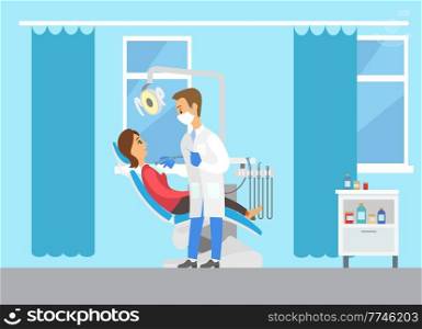Dentist with equipment examining teeth. Female patient lying in dental chair. People in medical clinic. Masked man in white gown holds dental instrument in hand. Doctor works with special tools. Dentist with equipment examining teeth. Female patient lying in dental chair in medical clinic