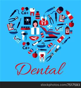 Dentist with tools and equipments symbols arranged into a shape of a heart with flat icons of healthy and carious teeth, pills and syringes, toothbrushes and toothpastes, implant, braces and floss, clipboards, vitamins and apples. Heart symbol of dental care icons, flat style