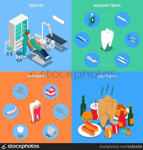 Dentistry 2x2 Design Concept. Dentistry 2x2 design concept with dentist equipment healthy and bad teeth square compositions isometric vector illustration