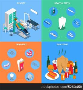 Dentistry 2x2 Design Concept. Dentistry 2x2 design concept with dentist equipment healthy and bad teeth square compositions isometric vector illustration