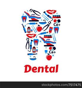 Dentistry and dental care icon with silhouette of tooth, composed of dentist tools, toothbrushes and toothpastes, braces, syringes and medicine bottles, healthy teeth, smiles and apples. Flat style. Dentistry symbols in the shape of tooth