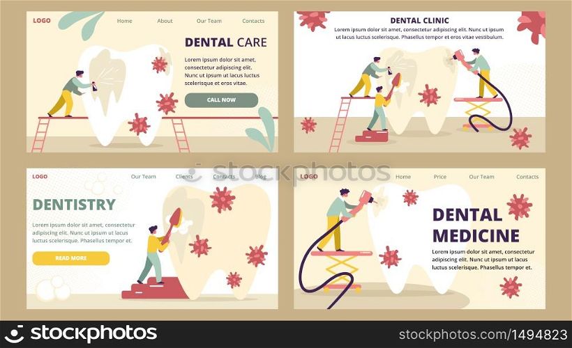 Dentistry and Dental Clinic Medicine Care Horizontal Banners Set. Dentists with Medical Equipment and Stomatology Instrument Tool Professional Treatment Tooth Checkup Cartoon Flat Vector Illustration. Dentistry and Dental Clinic Medicine Care Banners