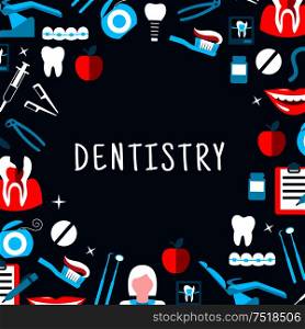 Dentistry banner with icons. Stomatology dental care symbols. Dentist tools and equipment vector elements. Leaflet, advertisement, infographic. Dentistry vector banner with icons and symbols