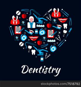 Dentistry banner with icons. Stomatology dental care symbols. Dentist tools and equipment vector elements. Leaflet, advertisement, heart shape illustration. Dentistry banner with icons and symbols