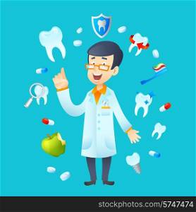 Dentistry concept with dental health instruments and dentist doctor avatar vector illustration