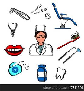 Dentistry design with female dentist in glasses and white uniform, dental equipment and hygiene icons of toothy smile, chair, tooth implant, floss, brace, pills, toothbrush, toothpaste. Dentistry medicine with dentist and objects