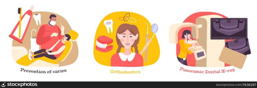 Dentistry flat compositions set with text captions and characters of patients with dentists and medical equipment vector illustration