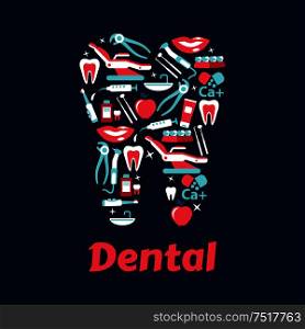 Dentistry flat icons in a shape of a tooth with dentist chairs and instruments, healthy teeth and braces, toothbrushes and toothpastes, mouthwashes and vitamins, apples and smiles. Flat silhouette of a tooth with dentistry icons