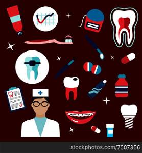 Dentistry flat icons with dentist, healthy tooth cross section, carious tooth, implant, dental mirror and probe, pills, toothbrush and paste, floss, braces, medication. Dentistry, hygiene icons and symbols