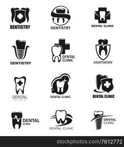 Dentistry icons, dental clinic isolated vector signs of teeth, cross and shield. Set of monochrome symbols orthodontic implant, sparkling tooth. Dentistry medicine icons and emblems, dentist labels. Dentistry icons, dental clinic isolated signs
