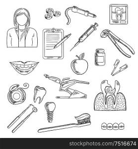 Dentistry icons set with dentist, x-ray and cross section of cracked tooth, dentist chair and instruments, syringe and pills, tooth implant and braces, healthy smile and toothbrush, floss, clipboard and apple . Dentistry and dental health icons