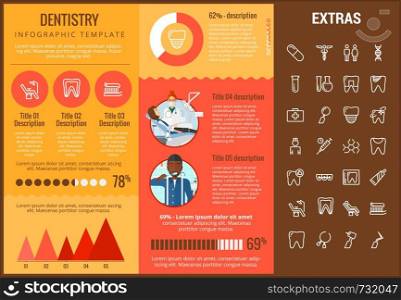 Dentistry infographic template, elements and icons. Infograph includes customizable graphs, charts, line icon set with dentist tools, dental care, tooth decay, teeth health, medicine chest etc.. Dentistry infographic template, elements and icons