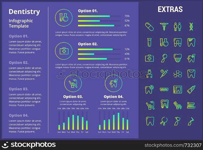 Dentistry infographic template, elements and icons. Infograph includes customizable graphs, four options, line icon set with dentist tools, dental care, tooth decay, teeth health, medicine chest etc.. Dentistry infographic template, elements and icons