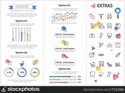 Dentistry infographic template, elements and icons. Infograph includes customizable graphs, four options, line icon set with dentist tools, dental care, tooth decay, teeth health, medicine chest etc.. Dentistry infographic template, elements and icons