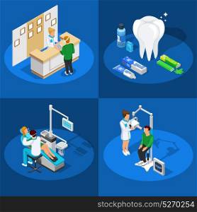 Dentistry Isometric Design Concept. Isometric dentist design concept with compositions of dental care procedures and equipment images with human characters vector illustration