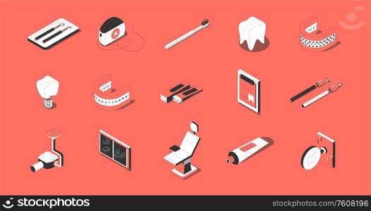 Dentistry isometric icons set with tooth implant prothesis orthodontic chair tools x-ray red background vector illustration