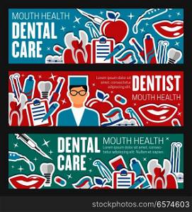 Dentistry medical banner for tooth hygiene and dental treatment design. Dentist clinic poster with oral surgeon or orthodontist equipment, implant, toothbrush and braces, toothpaste, floss and caries. Dental clinic banner for tooth health care design
