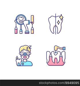 Dentistry methods and practice RGB color icons set. Stomatology tools. Professional dental occupation. Tooth restoration and care. Sleeping dentistry. Isolated vector illustrations. Dentistry method and practice RGB color icons set