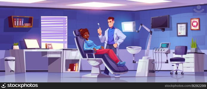 Dentistry office with dentist doctor and patient in chair. Stomatology, teeth treatment and healthcare concept with man and woman characters in clinic, vector cartoon illustration. Dentistry office with dentist doctor and patient