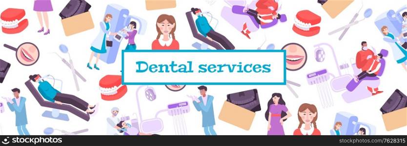 Dentistry pattern composition with text frame and flat images of dental clinics medical equipment and people vector illustration