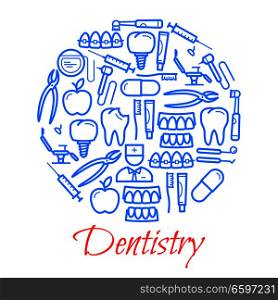 Dentistry poster of dental concept thin line icons. Vector design of dentist doctor with tooth, toothpaste or toothbrush and implants, pliers and medical chair with orthodontic syringe. Vector poster of dentistry icons