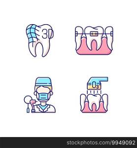 Dentistry practice RGB color icons set. Orthodontics care methods. Professional stomatology occupation. Ozone eliminate tooth decay. Digital dentistry Isolated vector illustrations. Dentistry practice RGB color icons set