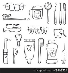 Dentistry set doodle icons. Oral health symbols. Dental instruments, tooth, prosthes, hygiene products, irrigator, dental floss, implant. Simple symbols of stomatology, vector illustration. Dentistry set doodle icons