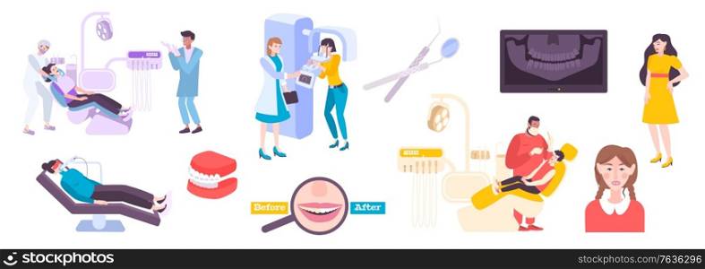 Dentistry set of flat icons and isolated characters of dentists with patients and dental clinic equipment vector illustration