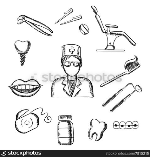 Dentistry sketch icons with dentist in glasses, dental equipment and hygiene icons with toothy smile, chair, tooth implant, floss, brace, pills, toothbrush and toothpaste. Sketch style. Sketch icons with dentistry and dental symbols