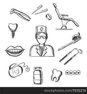Dentistry sketch icons with dentist in glasses, dental equipment and hygiene icons with toothy smile, chair, tooth implant, floss, brace, pills, toothbrush and toothpaste. Sketch style. Sketch icons with dentistry and dental symbols