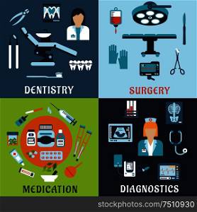 Dentistry, surgery, diagnostic medicine and pharmacology flat icons. Dentist and therapist, doctor, medical equipment, diagnostic elements, drugs and pills, tools, medicine bottles and medication items