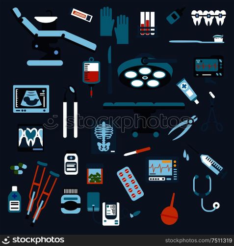 Dentistry, surgery, medical checkup medication icons with pills, syringe, dentist chair and surgical table instruments, x-ray, blood tubes and bag ecg blood pressure cuff, stethoscope, crutches. Dentistry, surgery and medical checkup flat icons