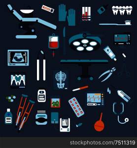 Dentistry, surgery, medical checkup medication icons with pills, syringe, dentist chair and surgical table instruments, x-ray, blood tubes and bag ecg blood pressure cuff, stethoscope, crutches. Dentistry, surgery and medical checkup flat icons