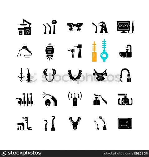 Dentistry tools and materials black glyph icons set on white space. Dental procedures. Tooth repairing, treatment. Medical devices. Orthodontics. Silhouette symbols. Vector isolated illustration. Dentistry tools and materials black glyph icons set on white space