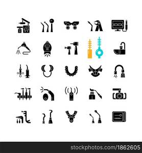 Dentistry tools and materials black glyph icons set on white space. Dental procedures. Tooth repairing, treatment. Medical devices. Orthodontics. Silhouette symbols. Vector isolated illustration. Dentistry tools and materials black glyph icons set on white space