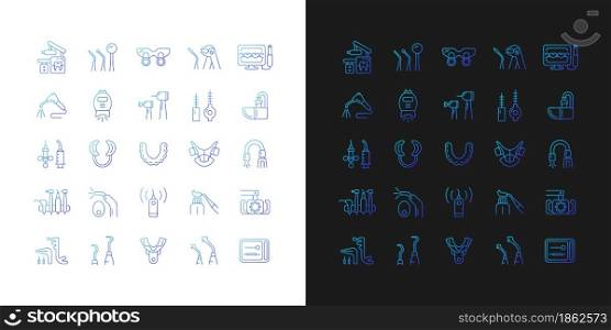 Dentistry tools and materials gradient icons set for dark and light mode. Dental procedures. Thin line contour symbols bundle. Isolated vector outline illustrations collection on black and white. Dentistry tools and materials gradient icons set for dark and light mode