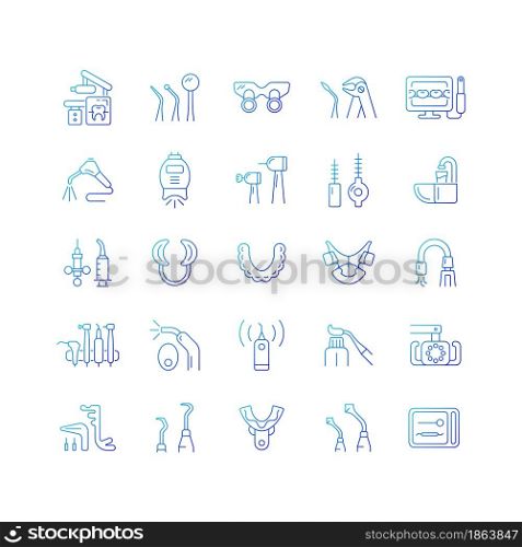 Dentistry tools and materials gradient linear vector icons set. Dental procedures. Tooth repairing, treatment. Thin line contour symbols bundle. Isolated outline illustrations collection. Dentistry tools and materials gradient linear vector icons set