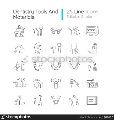 Dentistry tools and materials linear icons set. Dental procedures. Tooth repairing, treatment. Customizable thin line contour symbols. Isolated vector outline illustrations. Editable stroke. Dentistry tools and materials linear icons set