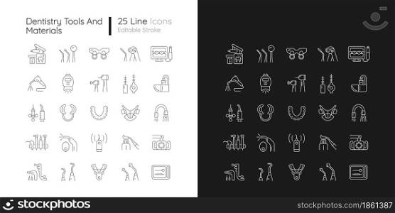 Dentistry tools and materials linear icons set for dark and light mode. Dental procedures. Tooth repairing. Customizable thin line symbols. Isolated vector outline illustrations. Editable stroke. Dentistry tools and materials linear icons set for dark and light mode