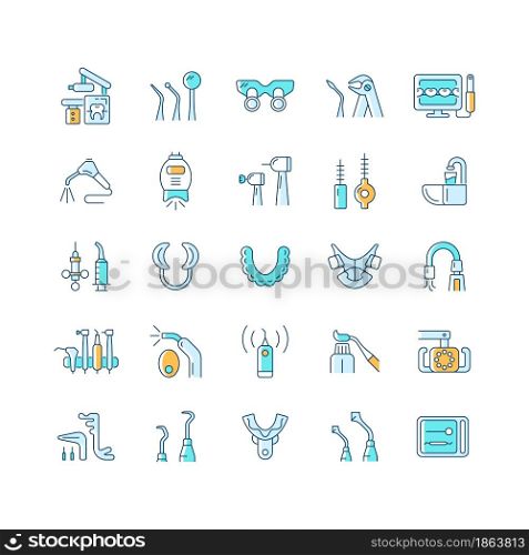 Dentistry tools and materials RGB color icons set. Dental procedures. Tooth repairing, treatment. Medical devices. Orthodontics. Isolated vector illustrations. Simple filled line drawings collection. Dentistry tools and materials RGB color icons set