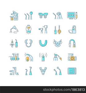 Dentistry tools and materials RGB color icons set. Dental procedures. Tooth repairing, treatment. Medical devices. Orthodontics. Isolated vector illustrations. Simple filled line drawings collection. Dentistry tools and materials RGB color icons set