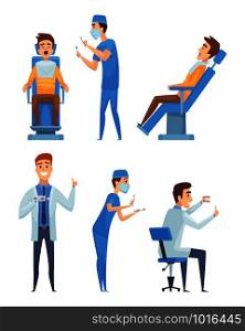 Dentists characters. Stomatology medicine mouth diagnostic healthcare vector cartoon illustration. Dentist healthcare character, doctor specialist and patient. Dentists characters. Stomatology medicine mouth diagnostic healthcare vector cartoon illustrations